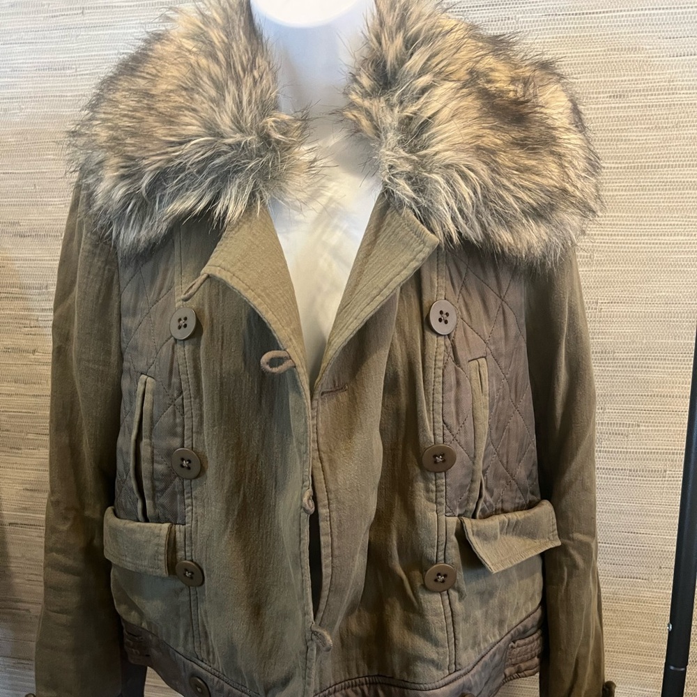 Rebecca Taylor brand, size medium, Army green jacket with removable fur collar.